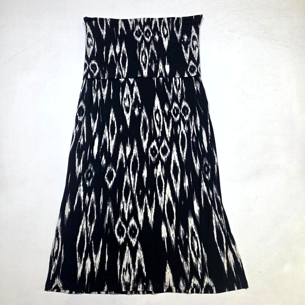 Dalia Collection Maxi Skirt Womens Large Black White Ikat Print Side Slit Boho